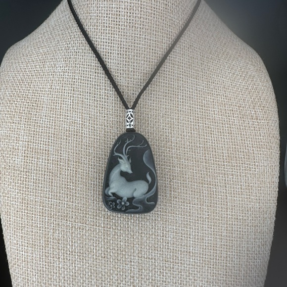 Tai Chi Stone Deer Pendant Necklace, Sterling Silver Accent on Adjustable Rope - Picture 7 of 9